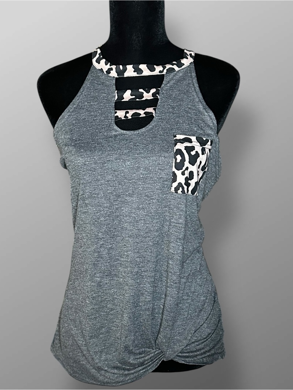 Coeur de Vague Leopard Accent Tank Top Large Gray Cutout Neck Knot Hem